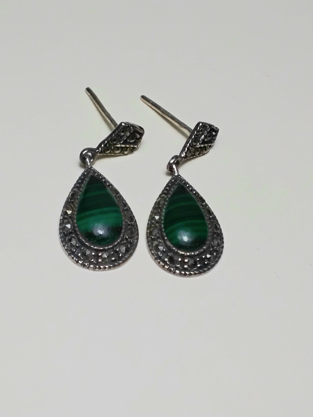 925 Silver Malachite & Marcasite Drop Earrings